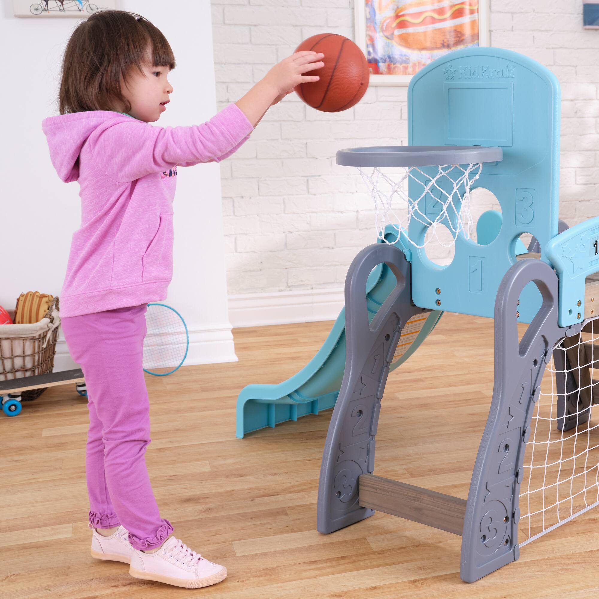 KidKraft 5-in-1 Toddler Sports Climber with Slide, Soccer Goal, Basketball Hoop, Baseball Target & 3 Balls Set
